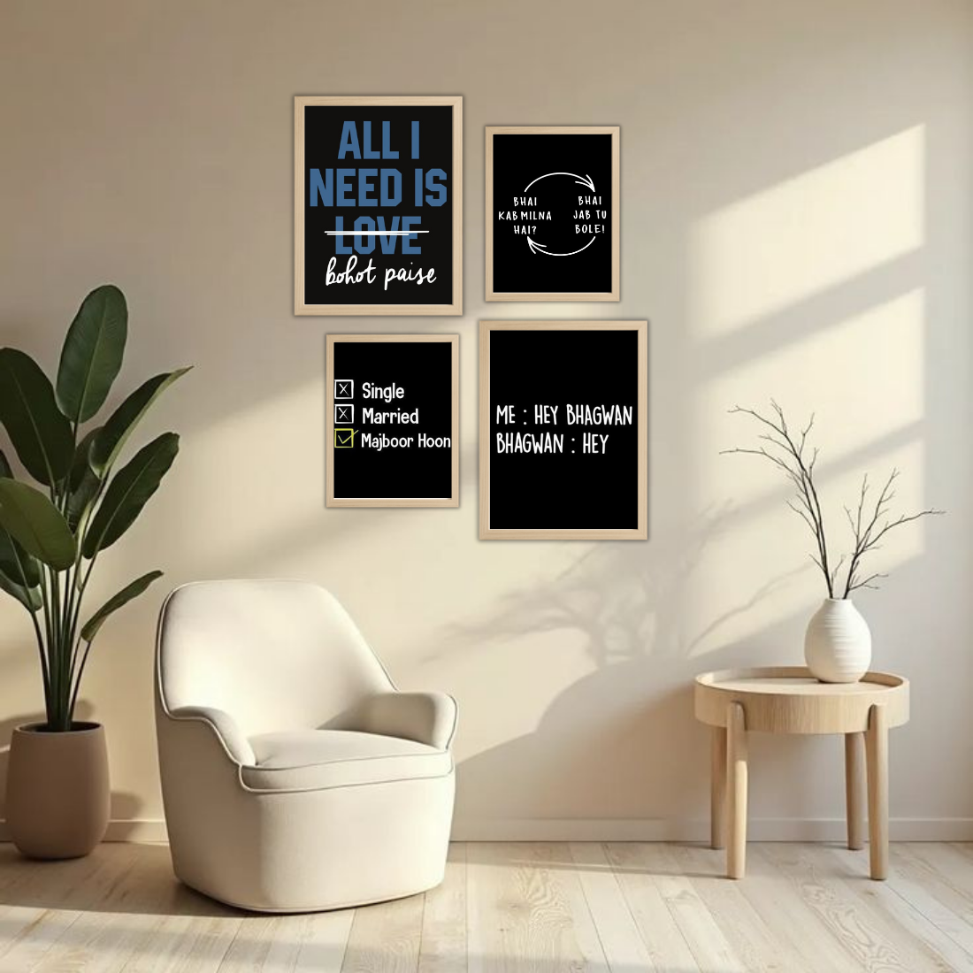 Desi Meme Humour Wall Frame Set – Set of 4 (2 Large 13×17" + 2 Medium 9×11") | Funny Hindi Quotes Bohot Paise Bhai Majboor Hoon Art Prints | Beige, Black & White Frame