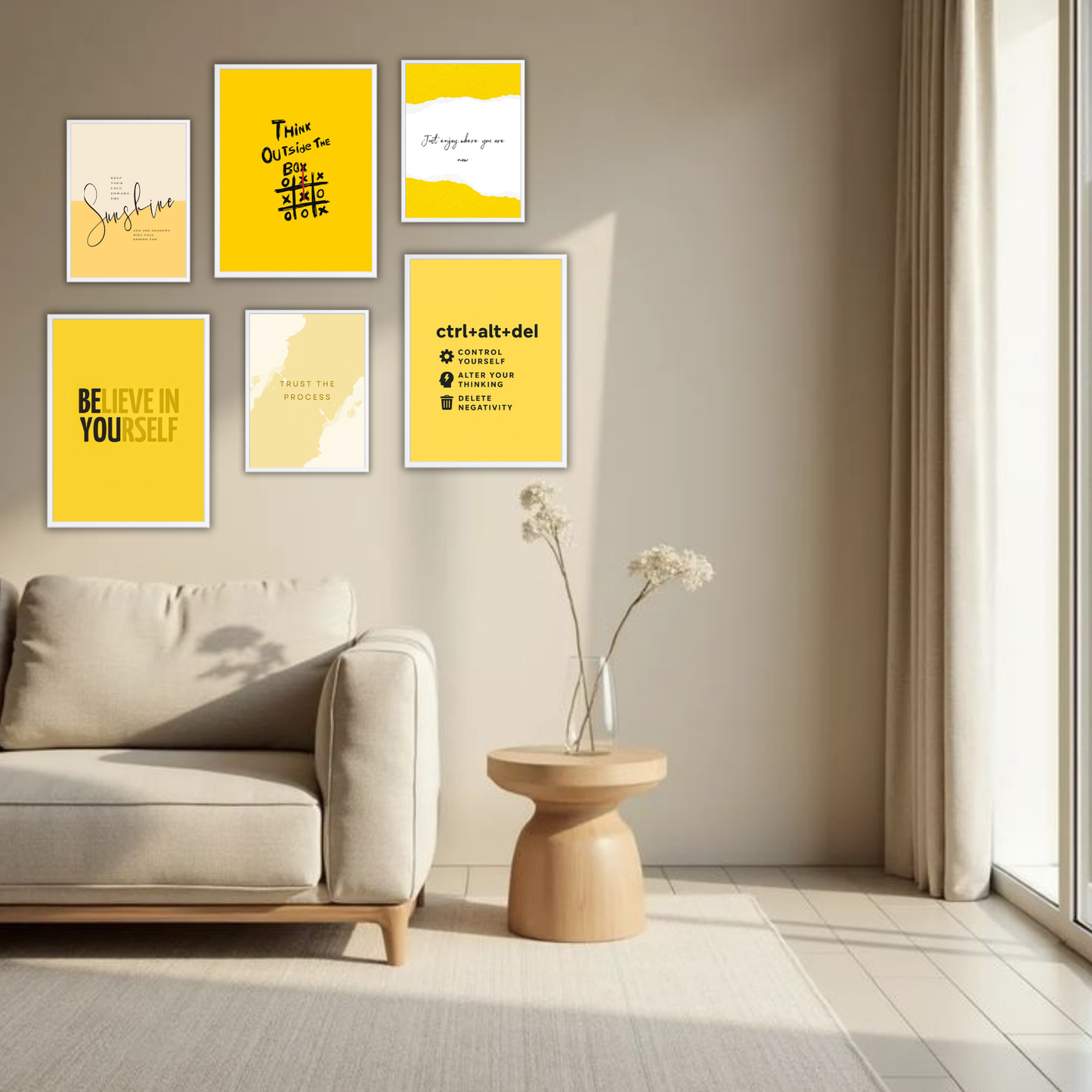 Sunshine Believe Wall Frame Set – Set of 6 (3 Large 13×17" + 3 Small 9×11") | Yellow Aesthetic Motivational Art Prints for Bedroom & Living Room