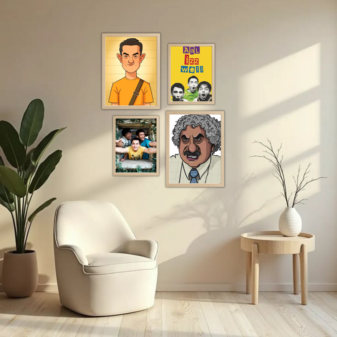3 Idiots Bollywood Wall Frame Set – Set of 4 (2 Large 13×17" + 2 Medium 9×11") | Aal Izz Well Fan Art Prints for Bedroom, Living Room & Cafe | Beige, Black & White Frame