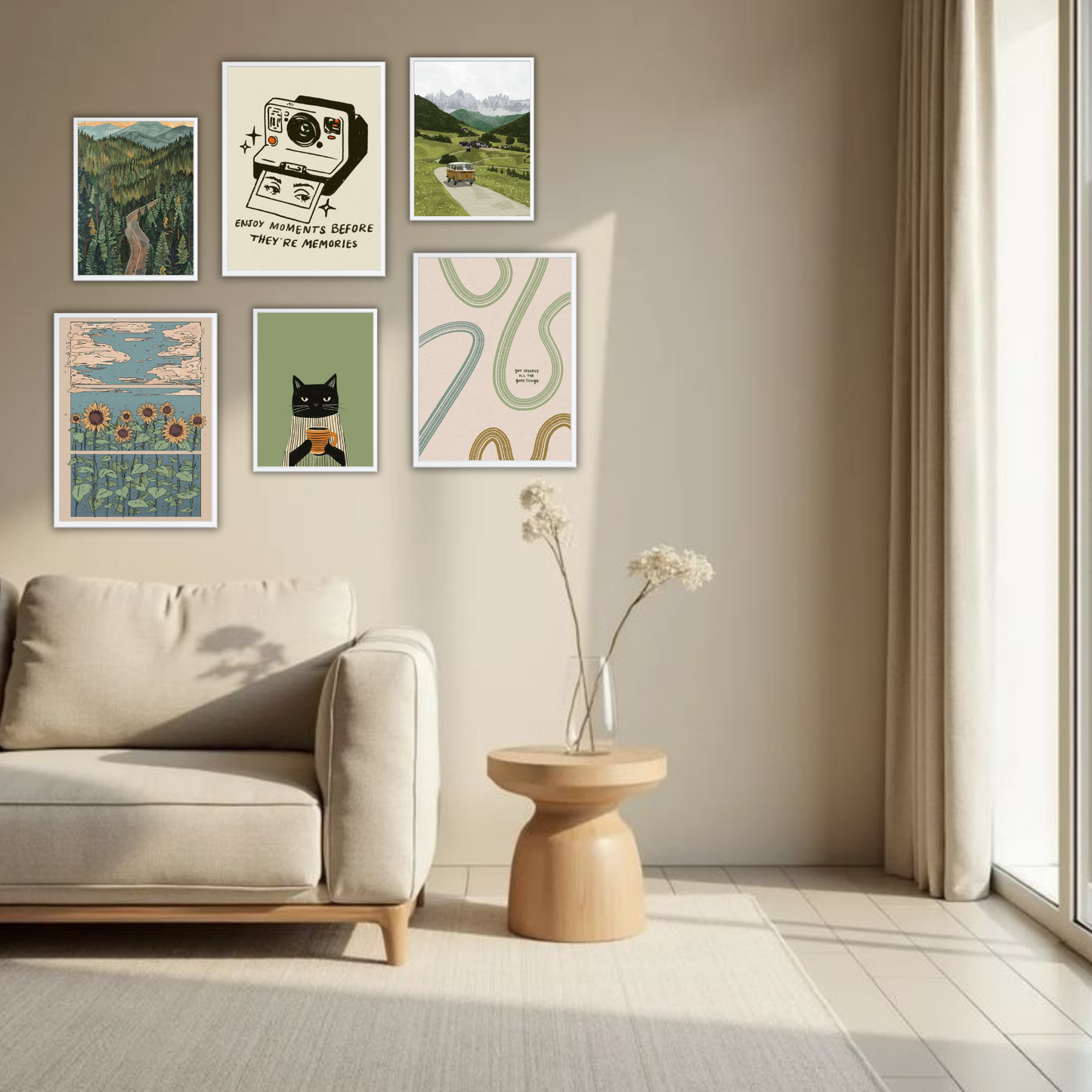 Vintage Nature Wanderlust Wall Frame Set – Set of 6 (3 Large 13×17" + 3 Small 9×11") | Retro Travel & Cottagecore Art Prints for Bedroom & Living Room