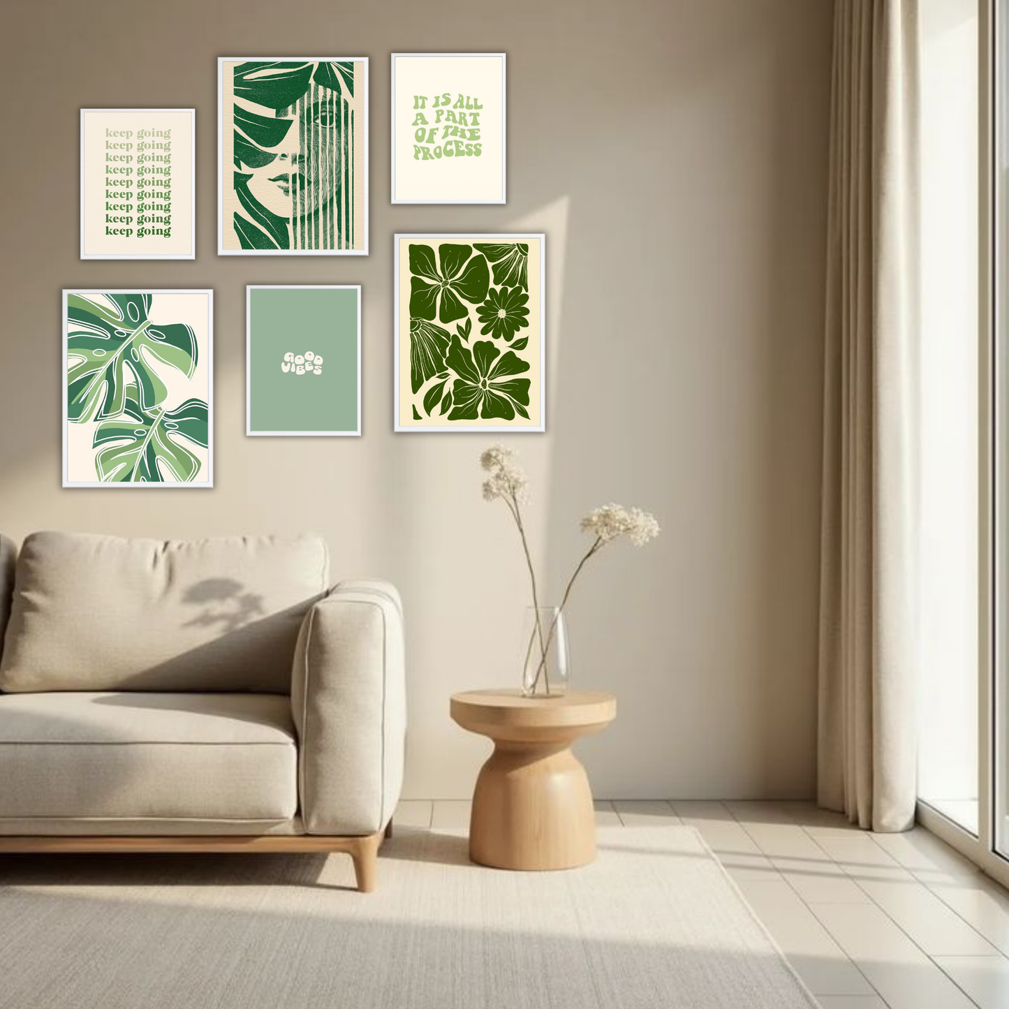Dark Green Botanical Wall Frame Set – Set of 6 (3 Large 13×17" + 3 Small 9×11") | Keep Going & Good Vibes Nature Art Prints for Bedroom & Living Room
