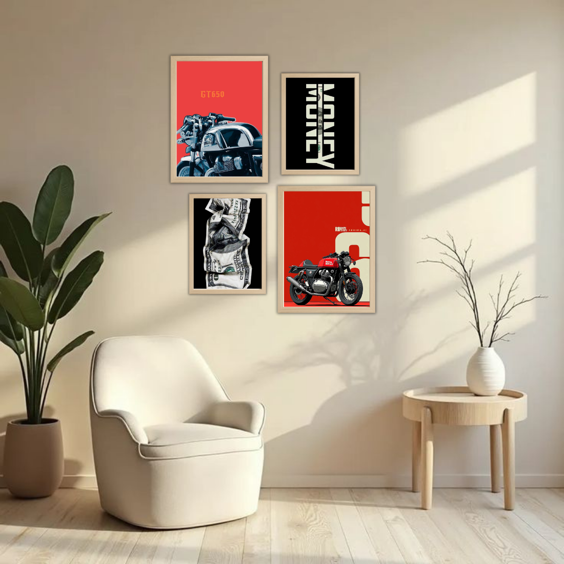Royal Enfield Hustle Money Wall Frame Set – Set of 4 (2 Large 13×17" + 2 Medium 9×11") | Bike Lover Money Grind Poster Art Prints | Beige, Black & White Frame