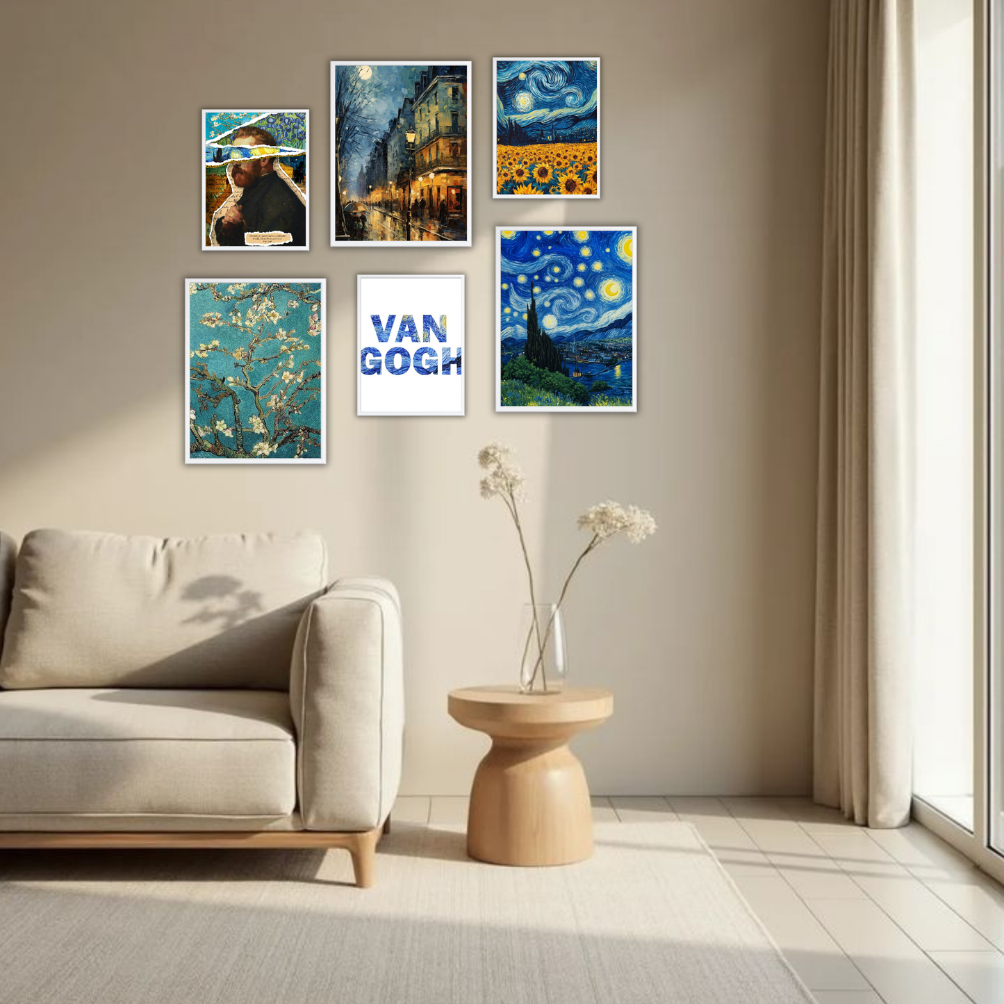 Van Gogh Bold Art Wall Frame Set – Set of 6 (3 Large 13×17" + 3 Small 9×11") | Starry Night & Sunflowers Classic Art Prints for Bedroom & Living Room