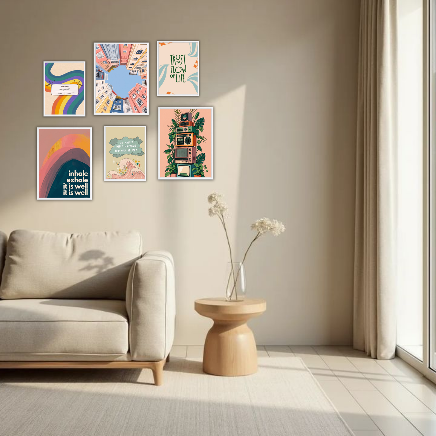 Retro Rainbow Boho Wall Frame Set – Set of 6 (3 Large 13×17" + 3 Small 9×11") | Colourful Aesthetic & Mindfulness Art Prints for Bedroom & Living Room
