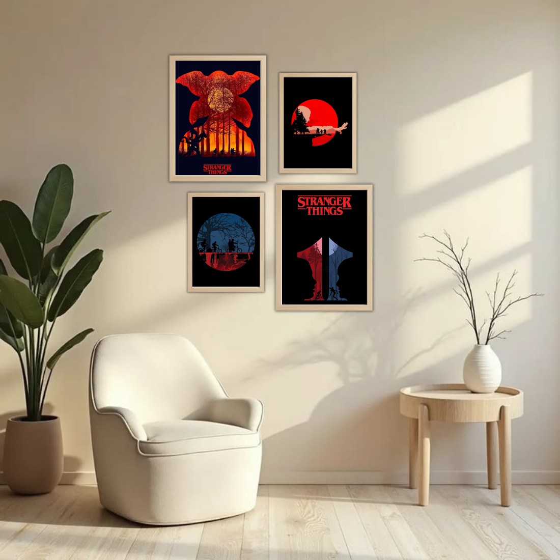 Stranger Things Poster Wall Frame Set – Set of 4 (2 Large 13×17" + 2 Medium 9×11") | Demogorgon Red Moon Hawkins Bike Fan Art Prints | Beige, Black & White Frame