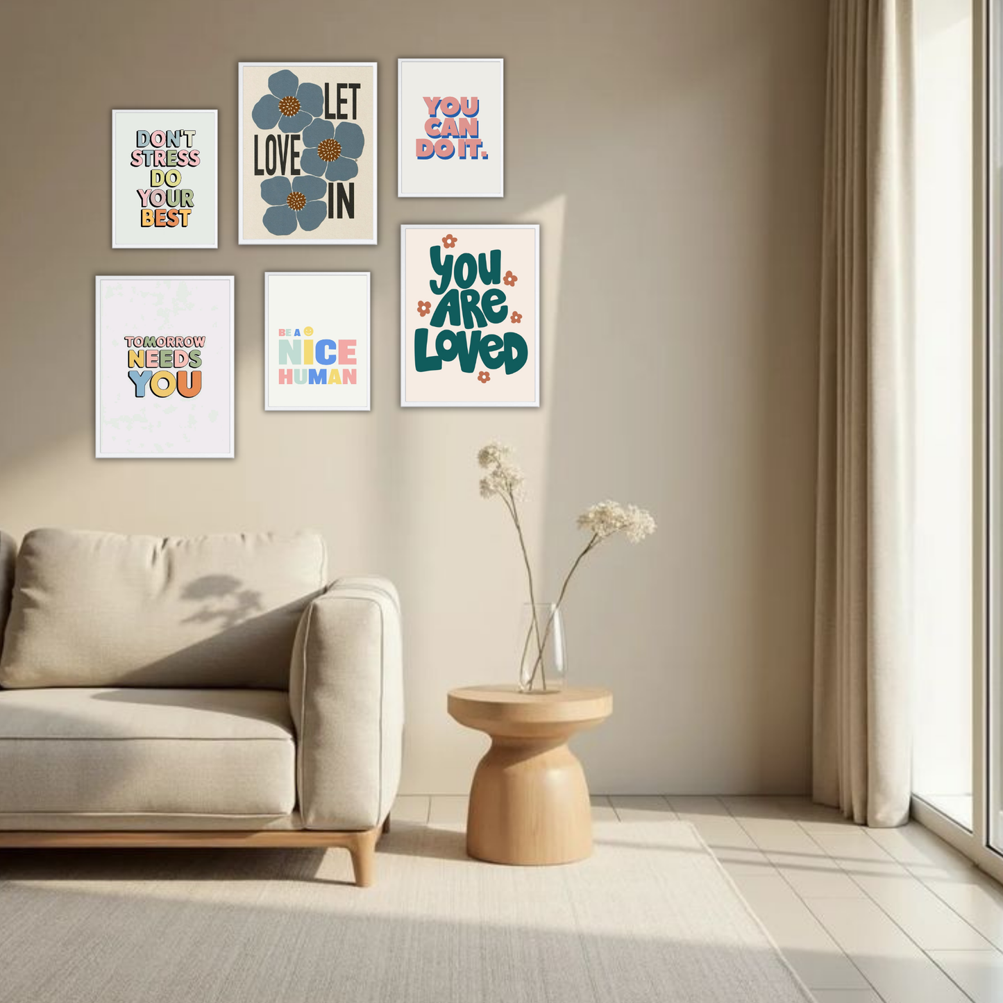 Colorful Positivity Wall Frame Set – Set of 6 (3 Large 13×17" + 3 Small 9×11") | Self-Love & Motivational Art Prints for Bedroom & Living Room