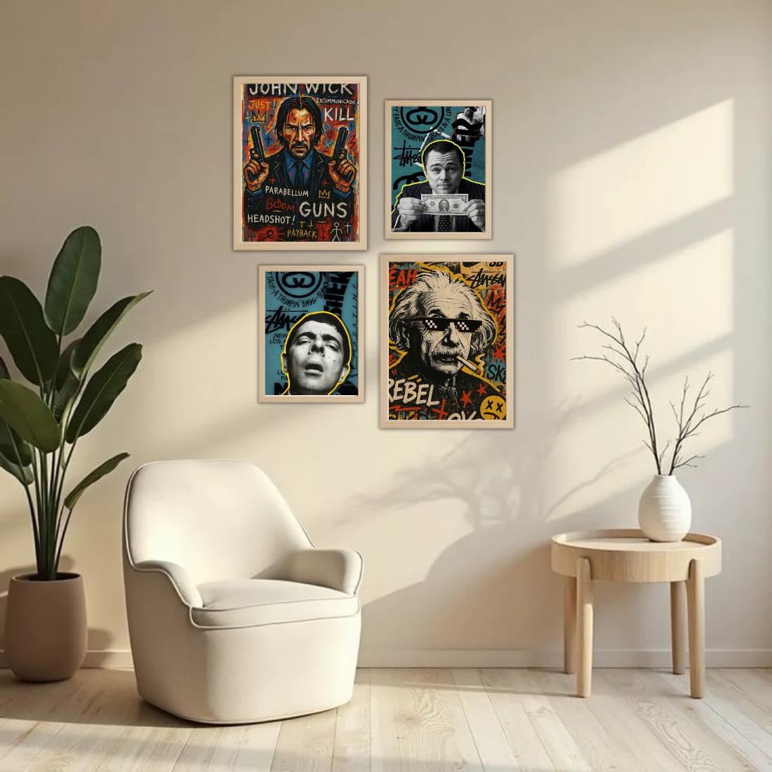 Pop Art Graffiti Icons Wall Frame Set – Set of 4 (2 Large 13×17" + 2 Medium 9×11") | John Wick Einstein DiCaprio Scarface Street Art Prints | Beige, Black & White Frame
