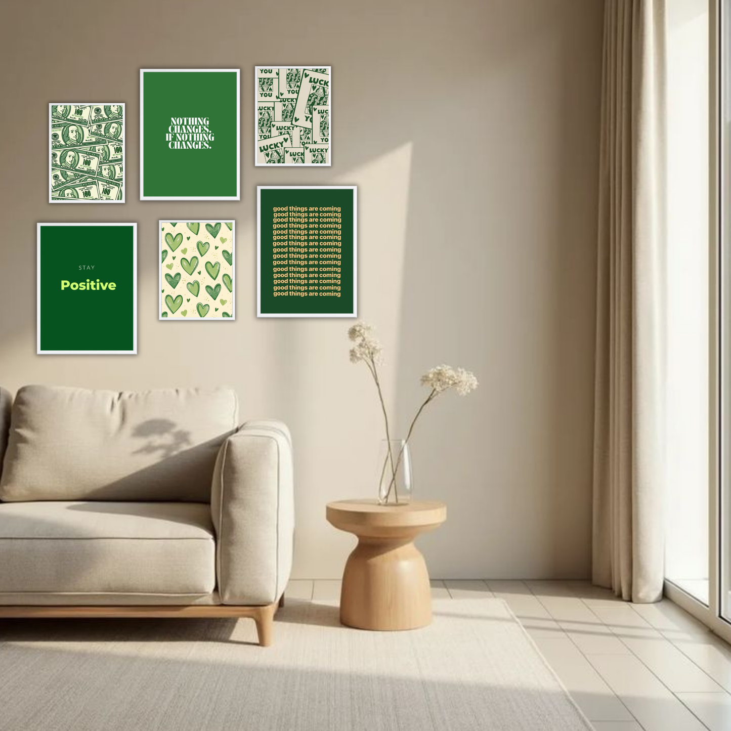 Green Abundance Wall Frame Set – Set of 6 (3 Large 13×17" + 3 Small 9×11") | Lucky & Positivity Art Prints for Bedroom & Living Room