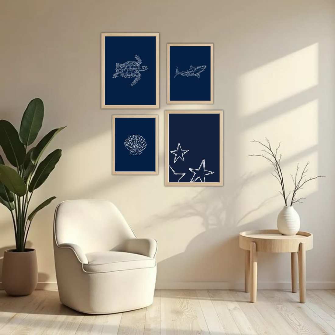 Navy Blue Ocean Line Art Wall Frame Set – Set of 4 (2 Large 13×17" + 2 Medium 9×11") | Turtle Shark Seashell Starfish Coastal Art Prints | Beige, Black & White Frame