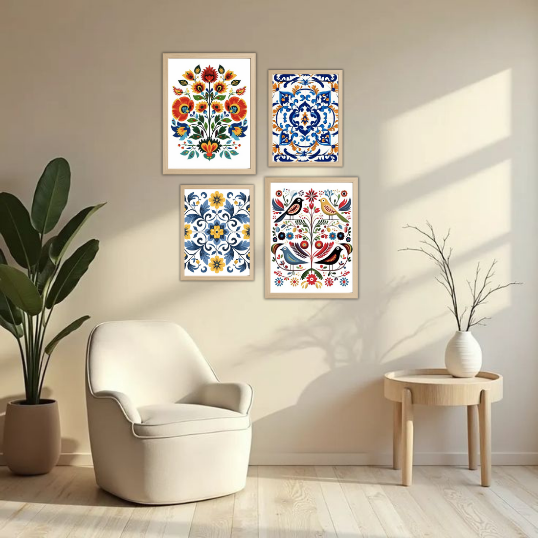 Folk Art Floral Tile Wall Frame Set – Set of 4 (2 Large 13×17" + 2 Medium 9×11") | Colourful Ethnic Botanical Prints | Beige, Black & White Frame