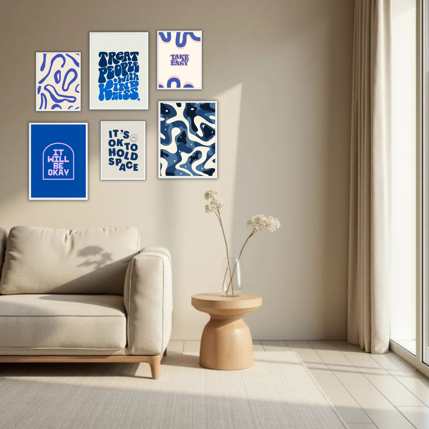 Blue Aesthetic Wall Frame Set – Set of 6 (3 Large 13×17" + 3 Small 9×11") | Kindness & Positivity Art Prints for Bedroom & Living Room