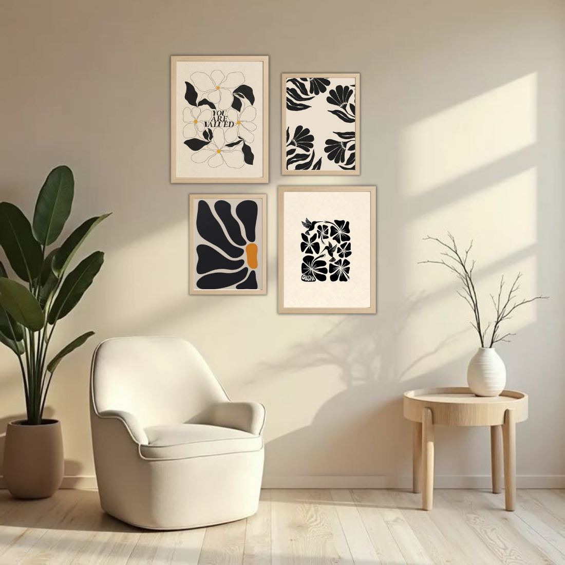 Matisse Black Cream Botanical Wall Frame Set – Set of 4 (2 Large 13×17" + 2 Medium 9×11") | You Are Valued Abstract Floral Art Prints | Beige, Black & White Frame
