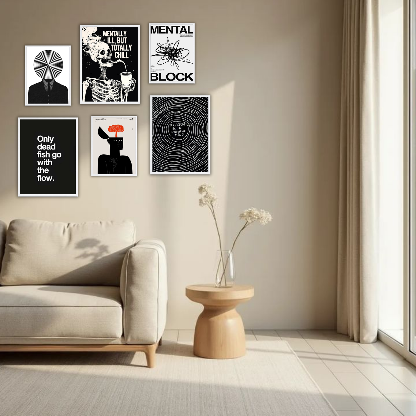 Dark Aesthetic Wall Frame Set – Set of 6 (3 Large 13×17" + 3 Small 9×11") | Mindset & Mental Health Art Prints for Bedroom & Living Room