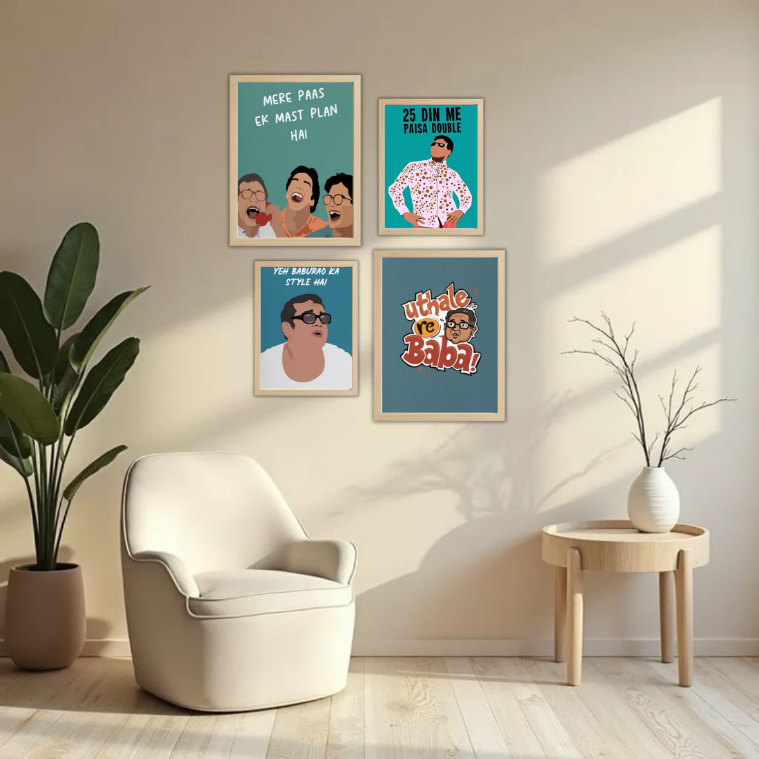 Hera Pheri Bollywood Wall Frame Set – Set of 4 (2 Large 13×17" + 2 Medium 9×11") | Baburao & Raju Meme Fan Art Prints for Bedroom, Living Room & Cafe | Beige, Black & White Frame