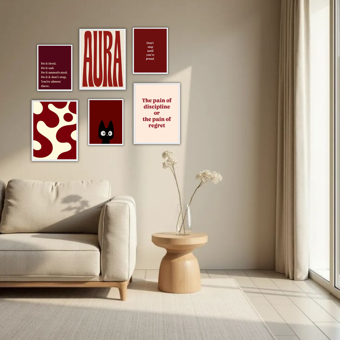 AURA Dark Red Aesthetic Wall Frame Set – Set of 6 (3 Large 13×17" + 3 Small 9×11") | Motivational Art Prints for Bedroom & Living Room