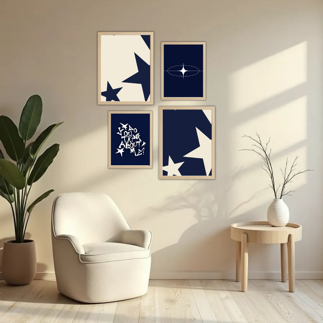 Navy Blue Y2K Star Aesthetic Wall Frame Set – Set of 4 (2 Large 13×17" + 2 Medium 9×11") | Do You Think About Me Coquette Star Art Prints | Beige, Black & White Frame