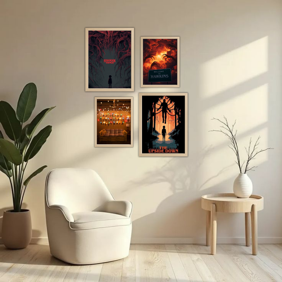 Stranger Things Wall Frame Set – Set of 4 (2 Large 13×17" + 2 Medium 9×11") | Upside Down Hawkins Mind Flayer Fan Art Prints | Beige, Black & White Frame