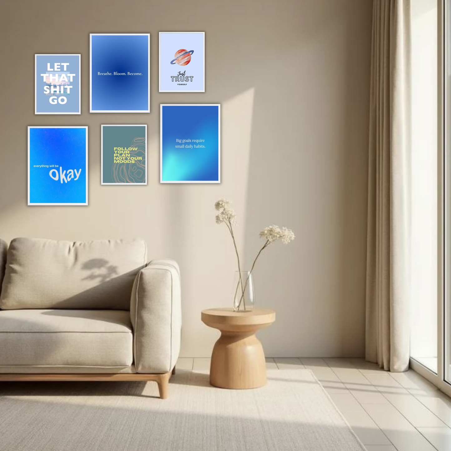 Blue Gradient Mindset Wall Frame Set – Set of 6 (3 Large 13×17" + 3 Small 9×11") | Self-Trust & Motivational Art Prints for Bedroom & Living Room