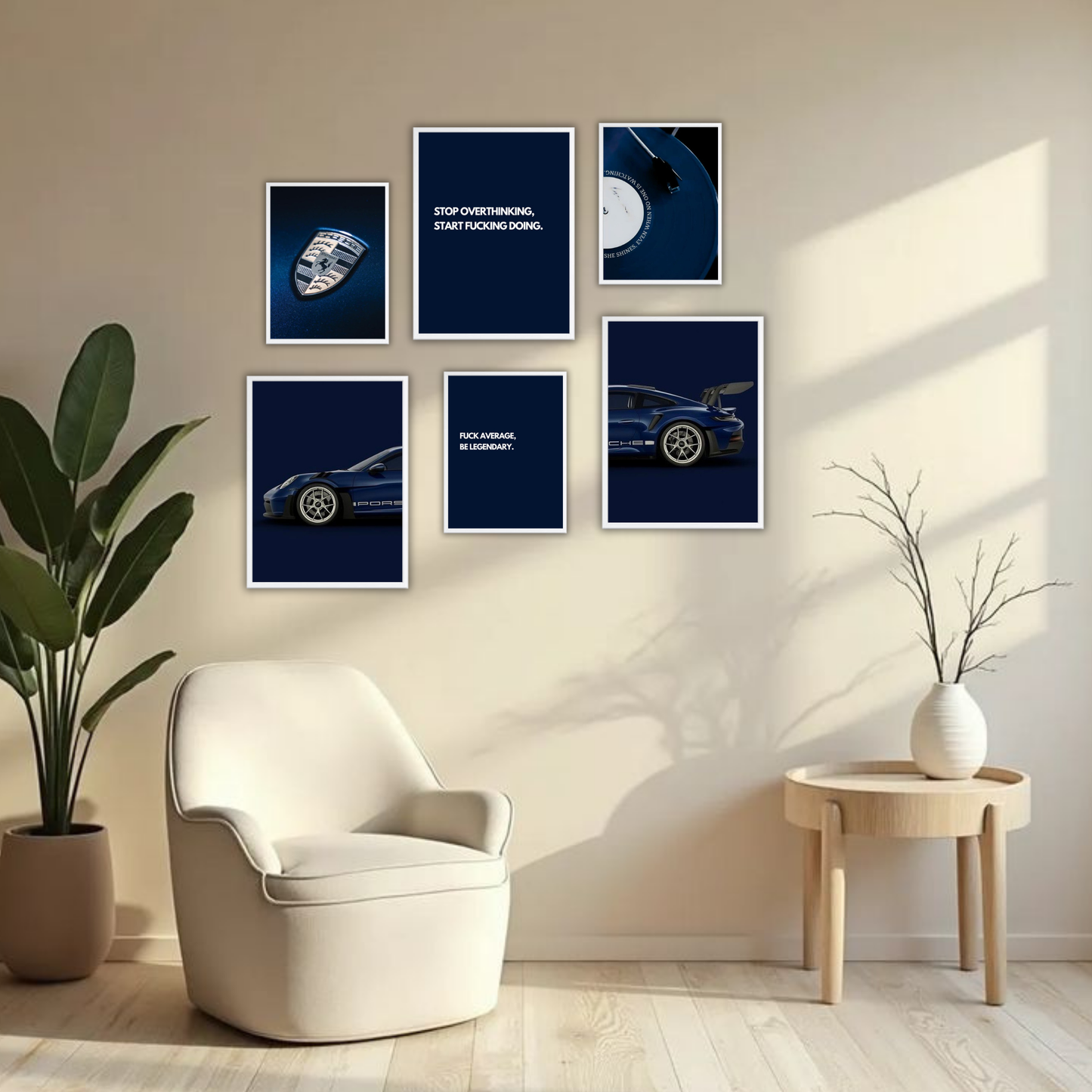 Luxury Hustle Wall Frame Set – Set of 6 (3 Large 13×17" + 3 Small 9×11") | Motivational & Car Aesthetic Wall Decor for Bedroom & Office