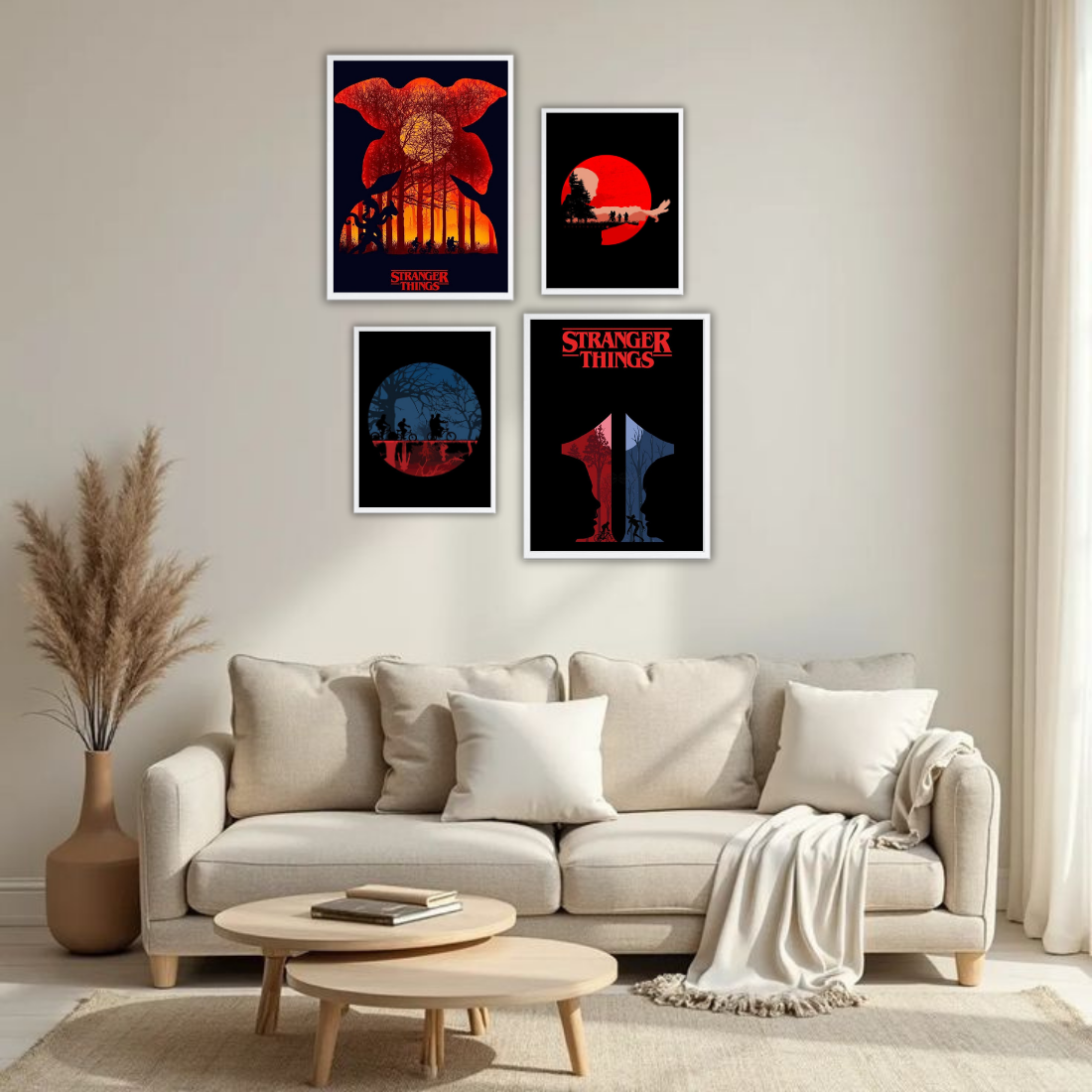 Stranger Things Poster Wall Frame Set – Set of 4 (2 Large 13×17" + 2 Medium 9×11") | Demogorgon Red Moon Hawkins Bike Fan Art Prints | Beige, Black & White Frame