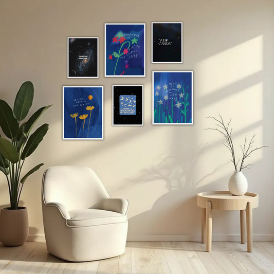 Bloom & Grow Wall Frame Set – Set of 6 (3 Large 13×17" + 3 Small 9×11") | Deep Blue Botanical Growth Art Prints for Bedroom & Living Room