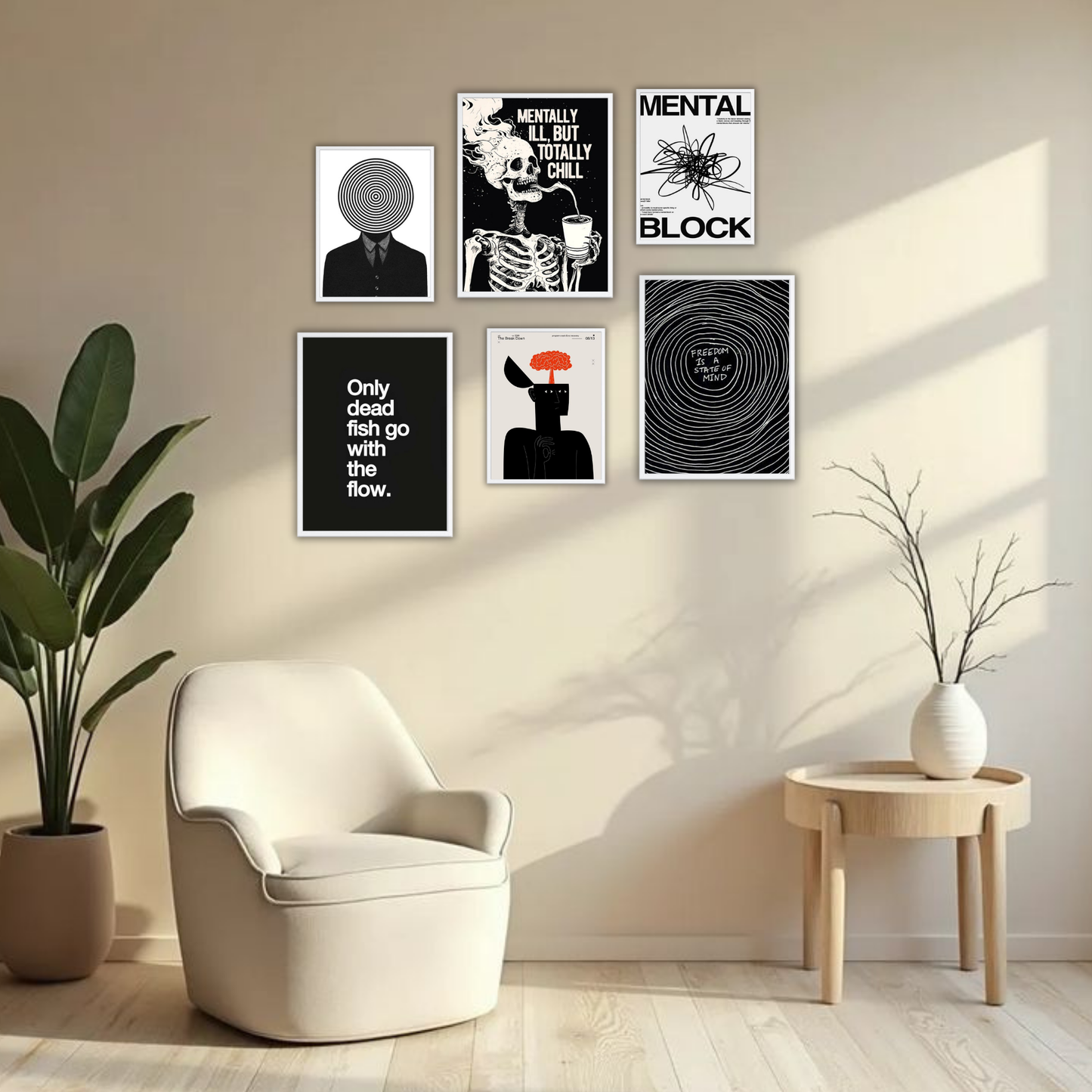 Dark Aesthetic Wall Frame Set – Set of 6 (3 Large 13×17" + 3 Small 9×11") | Mindset & Mental Health Art Prints for Bedroom & Living Room