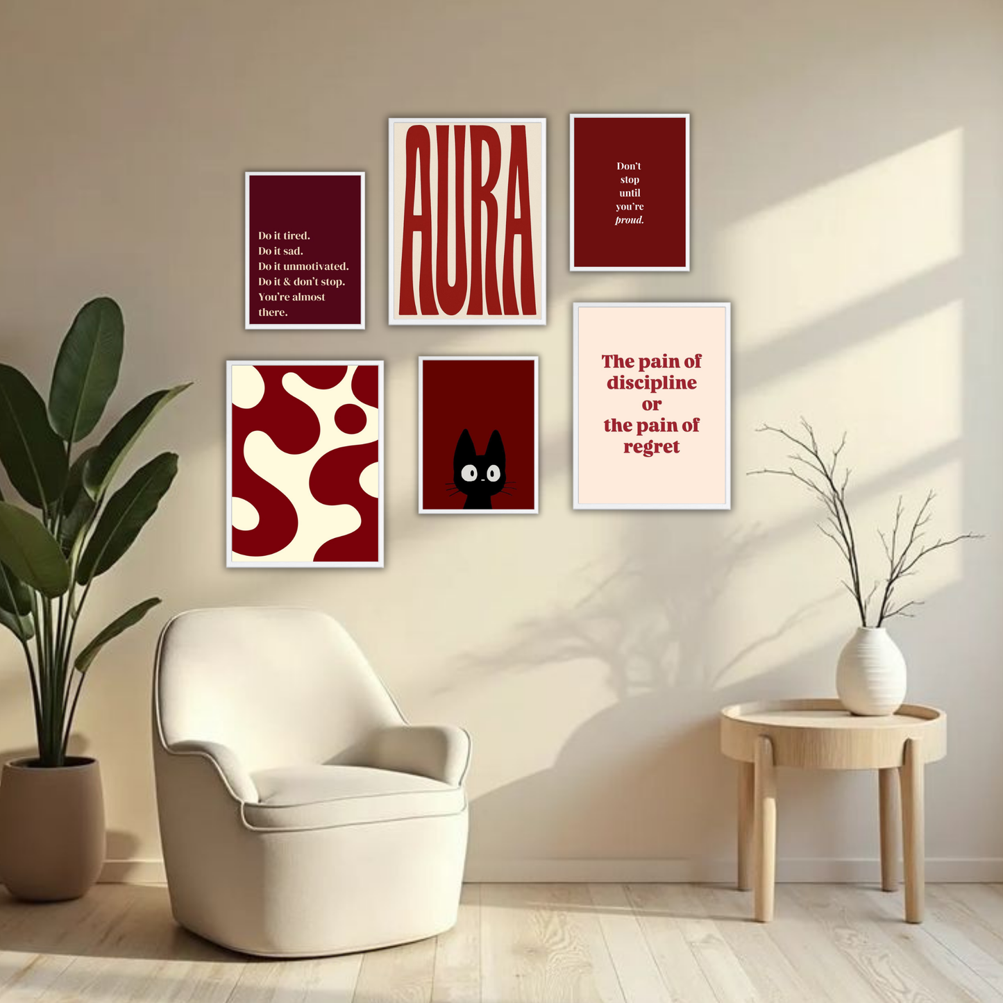 AURA Dark Red Aesthetic Wall Frame Set – Set of 6 (3 Large 13×17" + 3 Small 9×11") | Motivational Art Prints for Bedroom & Living Room