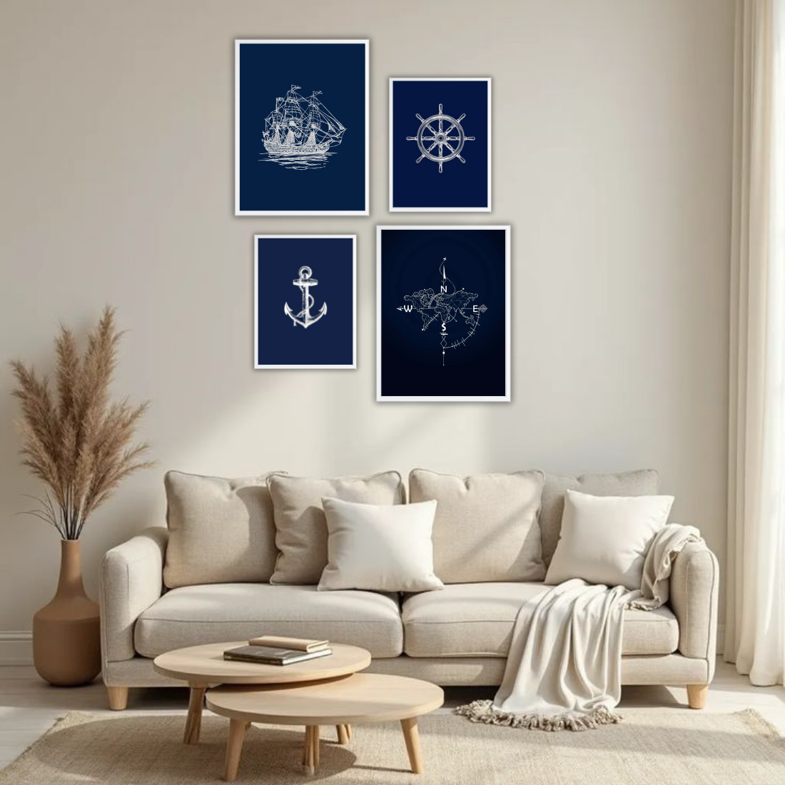 Nautical Navy Line Art Wall Frame Set – Set of 4 (2 Large 13×17" + 2 Medium 9×11") | Sailing Ship Anchor Compass Ship Wheel Art Prints | Beige, Black & White Frame