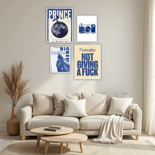 Blue Cream Eclectic Gallery Wall Frame Set – Set of 4 (2 Large 13×17" + 2 Medium 9×11") | Little Prince Big Ben Camera NGAF Art Prints | Beige, Black & White Frame