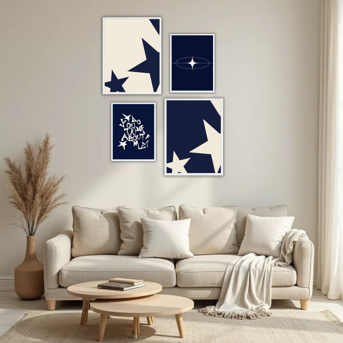Navy Blue Y2K Star Aesthetic Wall Frame Set – Set of 4 (2 Large 13×17" + 2 Medium 9×11") | Do You Think About Me Coquette Star Art Prints | Beige, Black & White Frame
