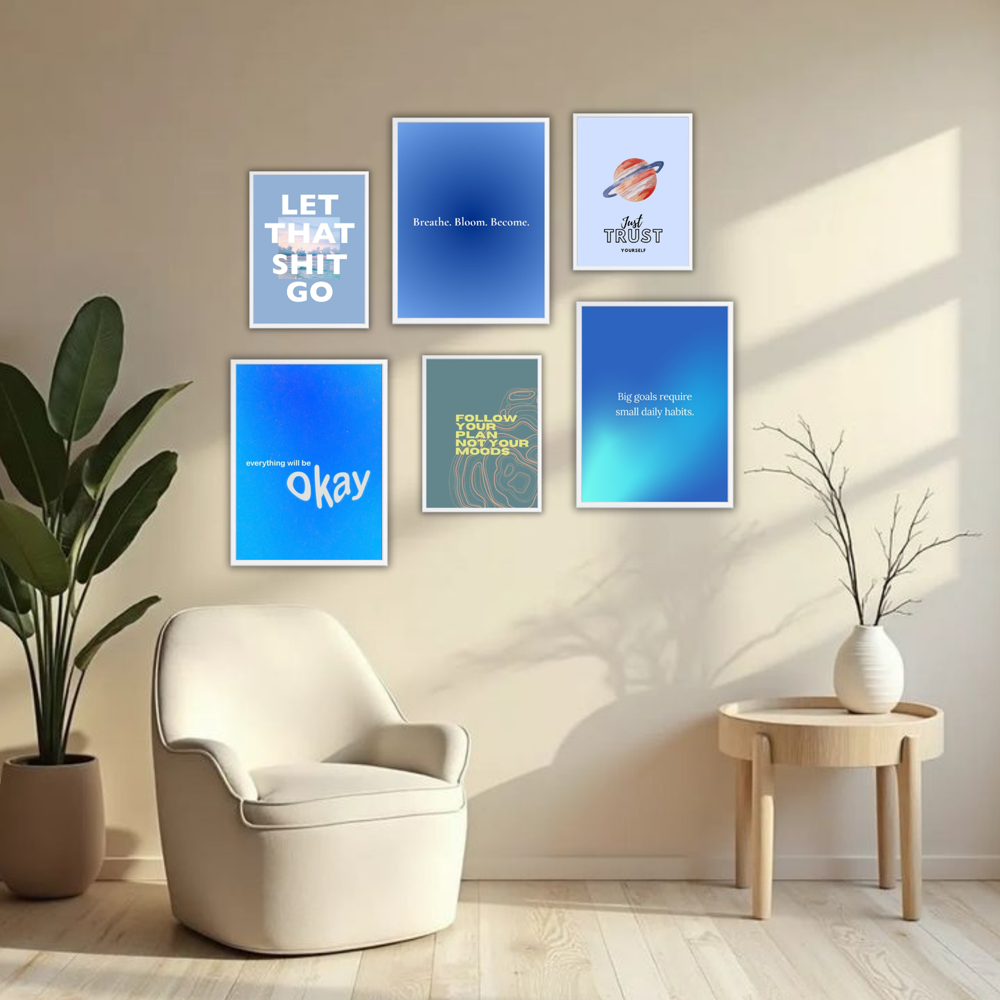Blue Gradient Mindset Wall Frame Set – Set of 6 (3 Large 13×17" + 3 Small 9×11") | Self-Trust & Motivational Art Prints for Bedroom & Living Room