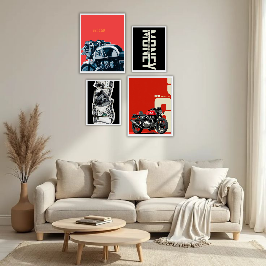 Royal Enfield Hustle Money Wall Frame Set – Set of 4 (2 Large 13×17" + 2 Medium 9×11") | Bike Lover Money Grind Poster Art Prints | Beige, Black & White Frame