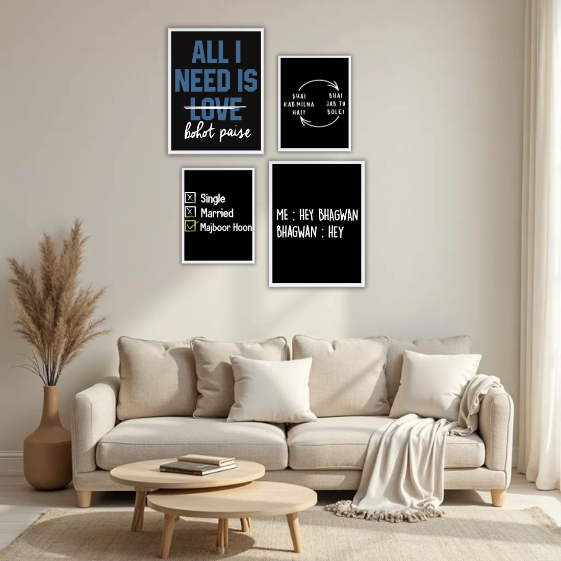 Desi Meme Humour Wall Frame Set – Set of 4 (2 Large 13×17" + 2 Medium 9×11") | Funny Hindi Quotes Bohot Paise Bhai Majboor Hoon Art Prints | Beige, Black & White Frame