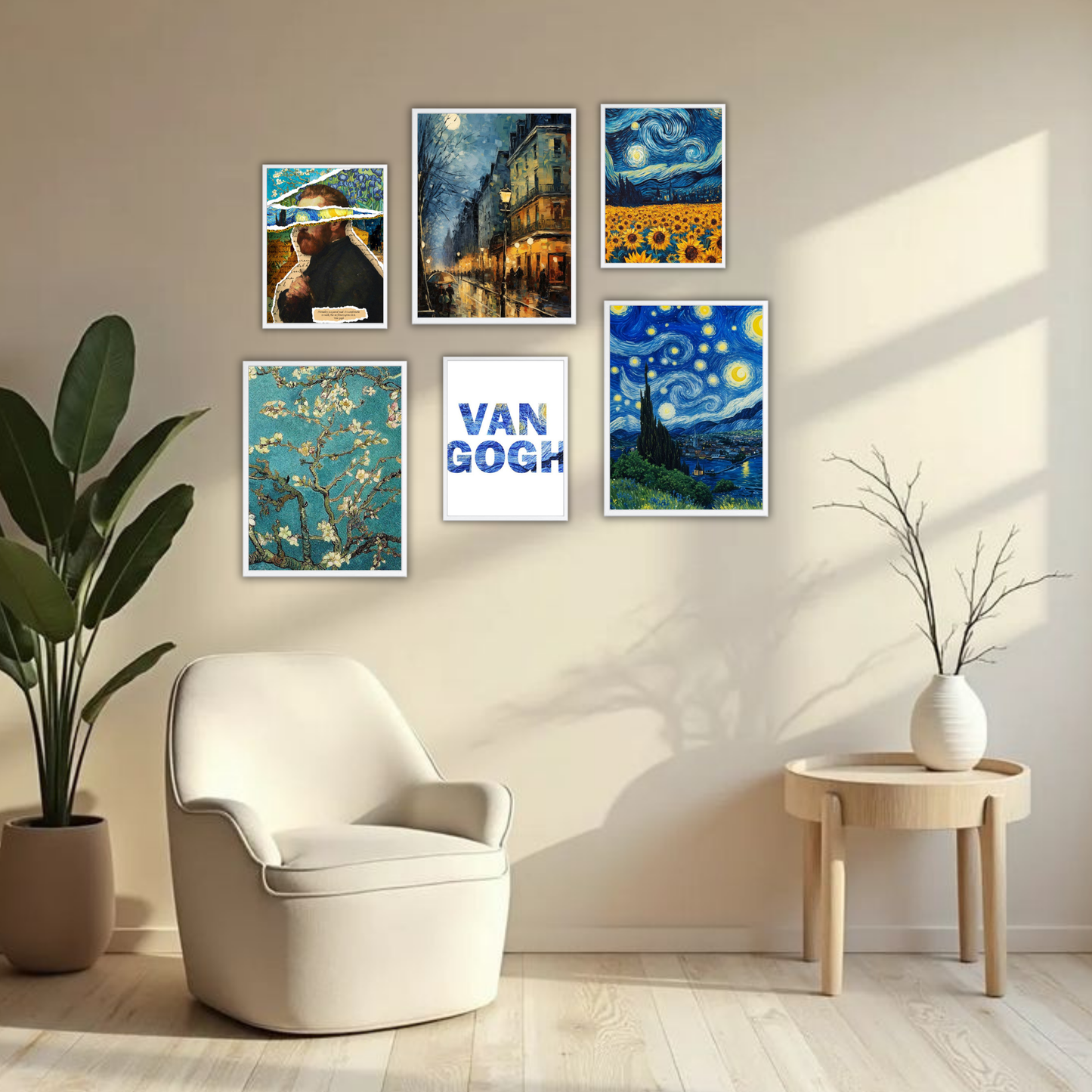 Van Gogh Bold Art Wall Frame Set – Set of 6 (3 Large 13×17" + 3 Small 9×11") | Starry Night & Sunflowers Classic Art Prints for Bedroom & Living Room
