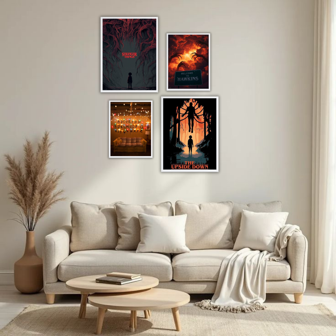 Stranger Things Wall Frame Set – Set of 4 (2 Large 13×17" + 2 Medium 9×11") | Upside Down Hawkins Mind Flayer Fan Art Prints | Beige, Black & White Frame