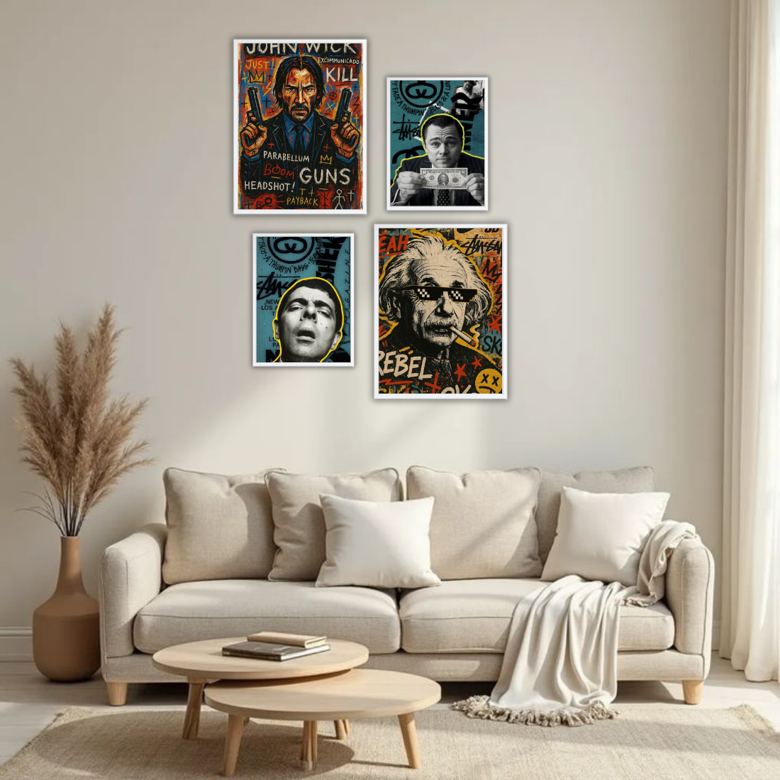 Pop Art Graffiti Icons Wall Frame Set – Set of 4 (2 Large 13×17" + 2 Medium 9×11") | John Wick Einstein DiCaprio Scarface Street Art Prints | Beige, Black & White Frame
