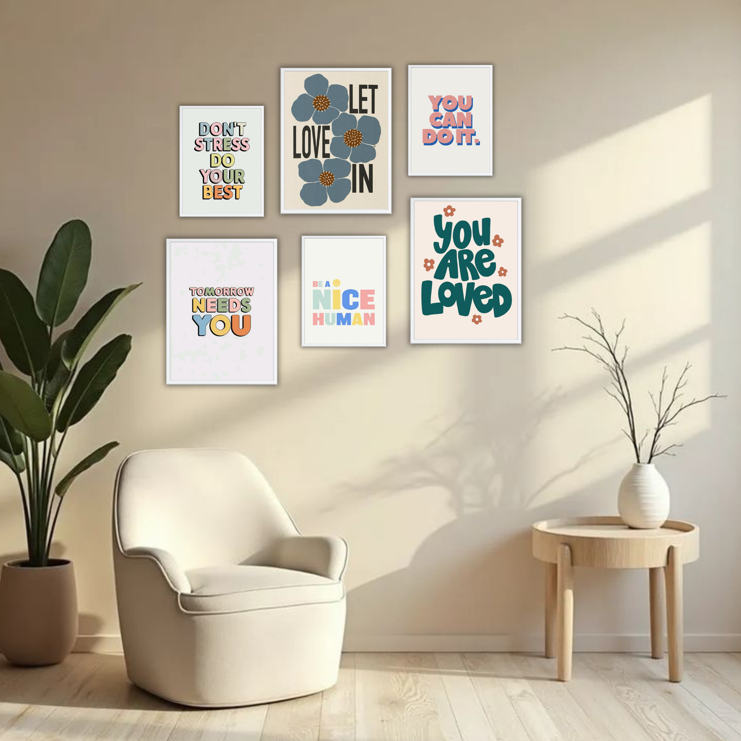 Colorful Positivity Wall Frame Set – Set of 6 (3 Large 13×17" + 3 Small 9×11") | Self-Love & Motivational Art Prints for Bedroom & Living Room