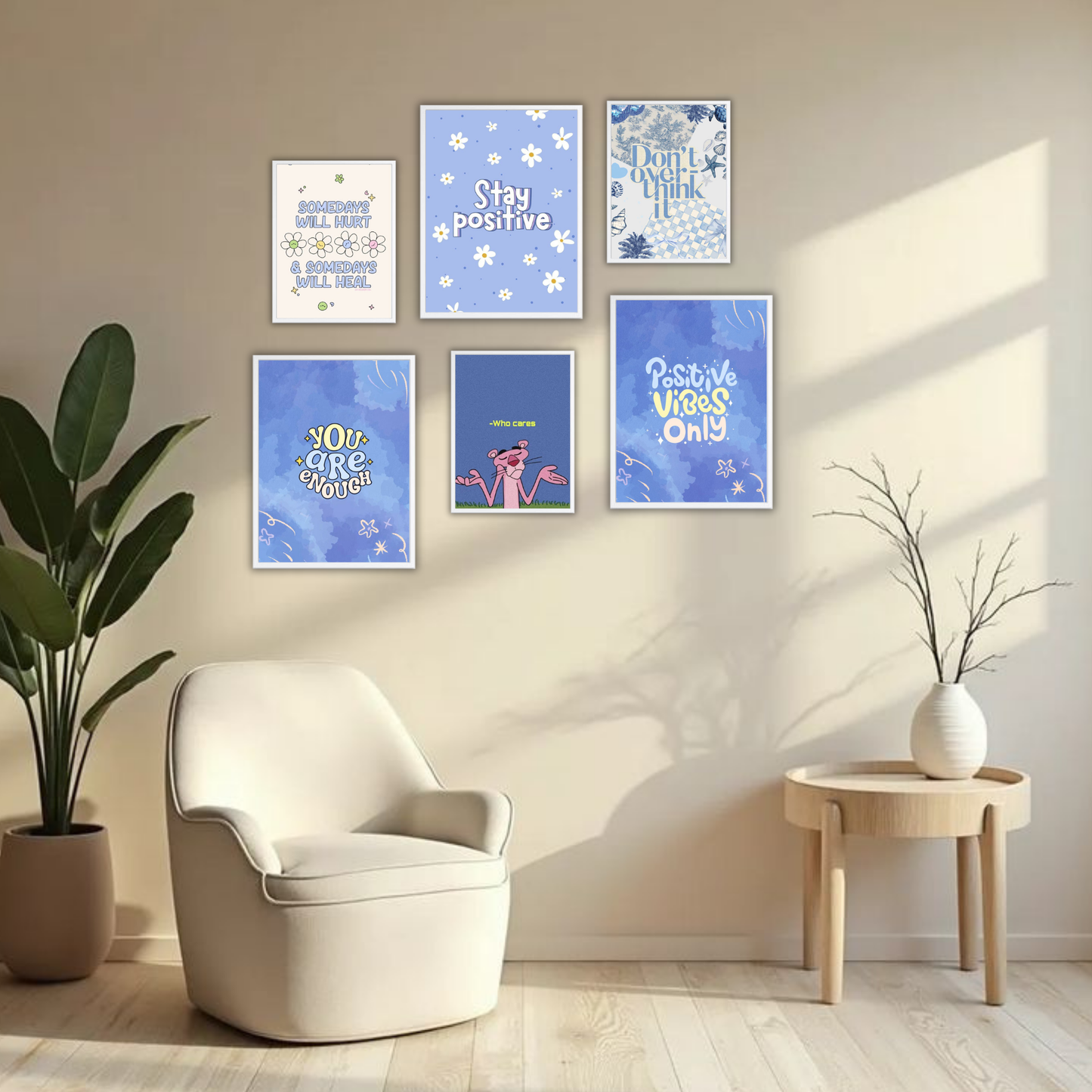 Pastel Blue Positive Vibes Wall Frame Set – Set of 6 (3 Large 13×17" + 3 Small 9×11") | Stay Positive & Self-Love Aesthetic Art Prints for Bedroom & Living Room