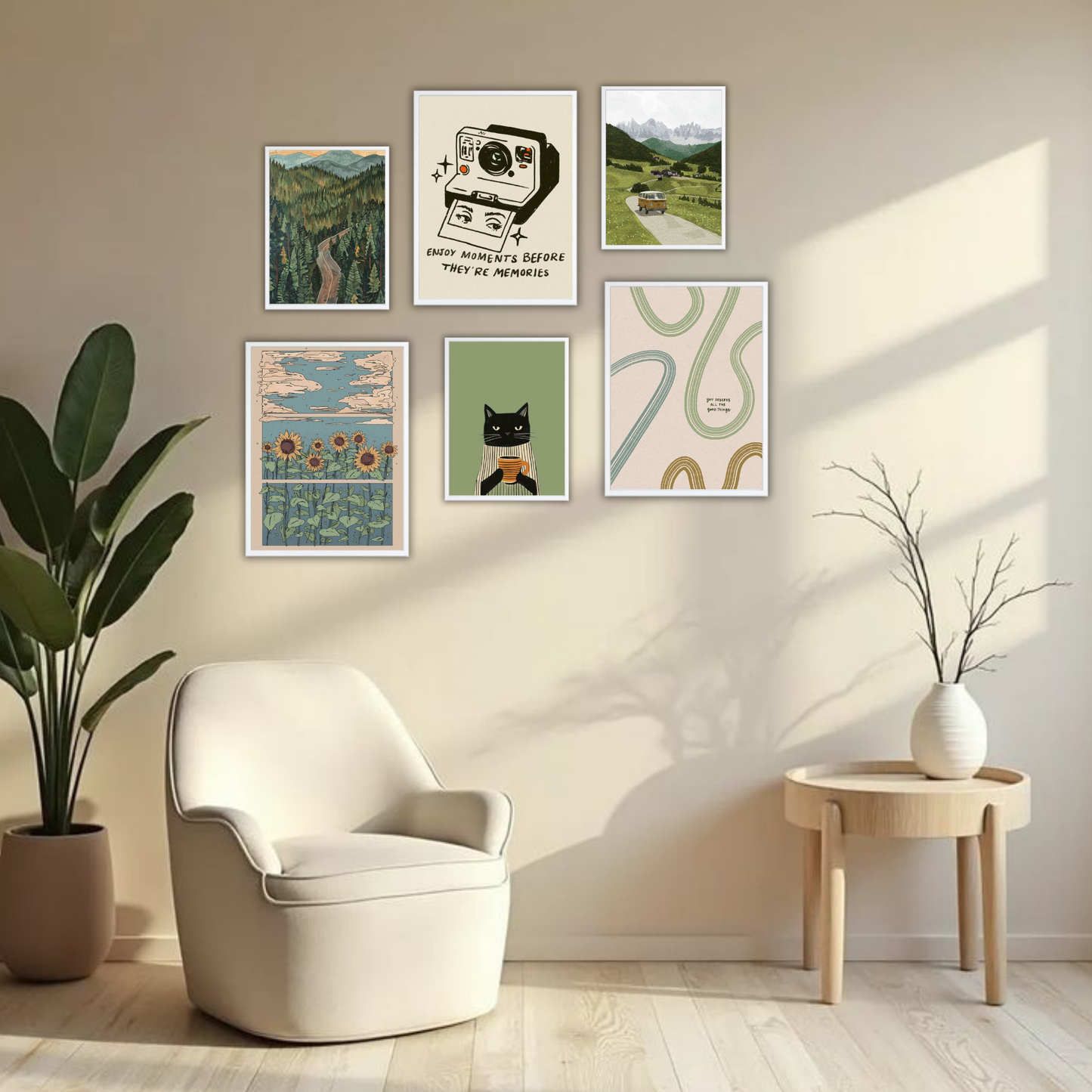 Vintage Nature Wanderlust Wall Frame Set – Set of 6 (3 Large 13×17" + 3 Small 9×11") | Retro Travel & Cottagecore Art Prints for Bedroom & Living Room