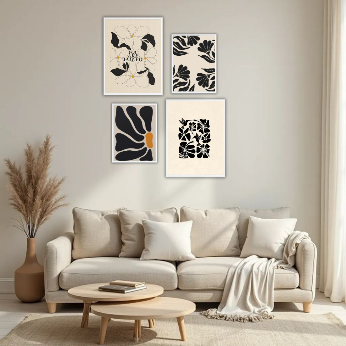 Matisse Black Cream Botanical Wall Frame Set – Set of 4 (2 Large 13×17" + 2 Medium 9×11") | You Are Valued Abstract Floral Art Prints | Beige, Black & White Frame