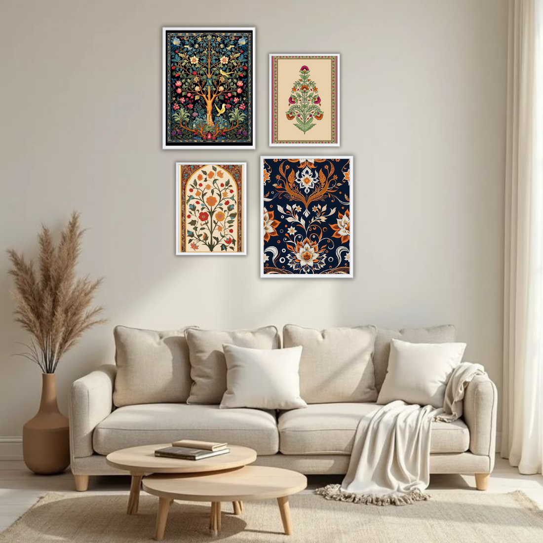 Mughal Wall Frame Set – Set of 4 (2 Large 13×17" + 2 Medium 9×11") | Royal Indian Botanical Art Prints | Beige, Black & White Frame