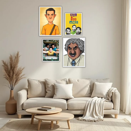 3 Idiots Bollywood Wall Frame Set – Set of 4 (2 Large 13×17" + 2 Medium 9×11") | Aal Izz Well Fan Art Prints for Bedroom, Living Room & Cafe | Beige, Black & White Frame