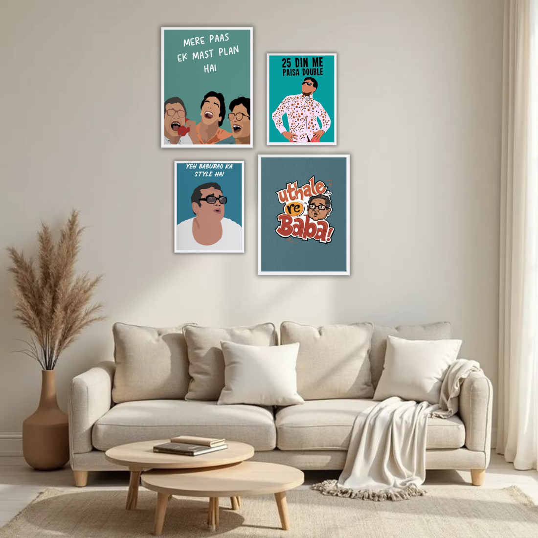 Hera Pheri Bollywood Wall Frame Set – Set of 4 (2 Large 13×17" + 2 Medium 9×11") | Baburao & Raju Meme Fan Art Prints for Bedroom, Living Room & Cafe | Beige, Black & White Frame