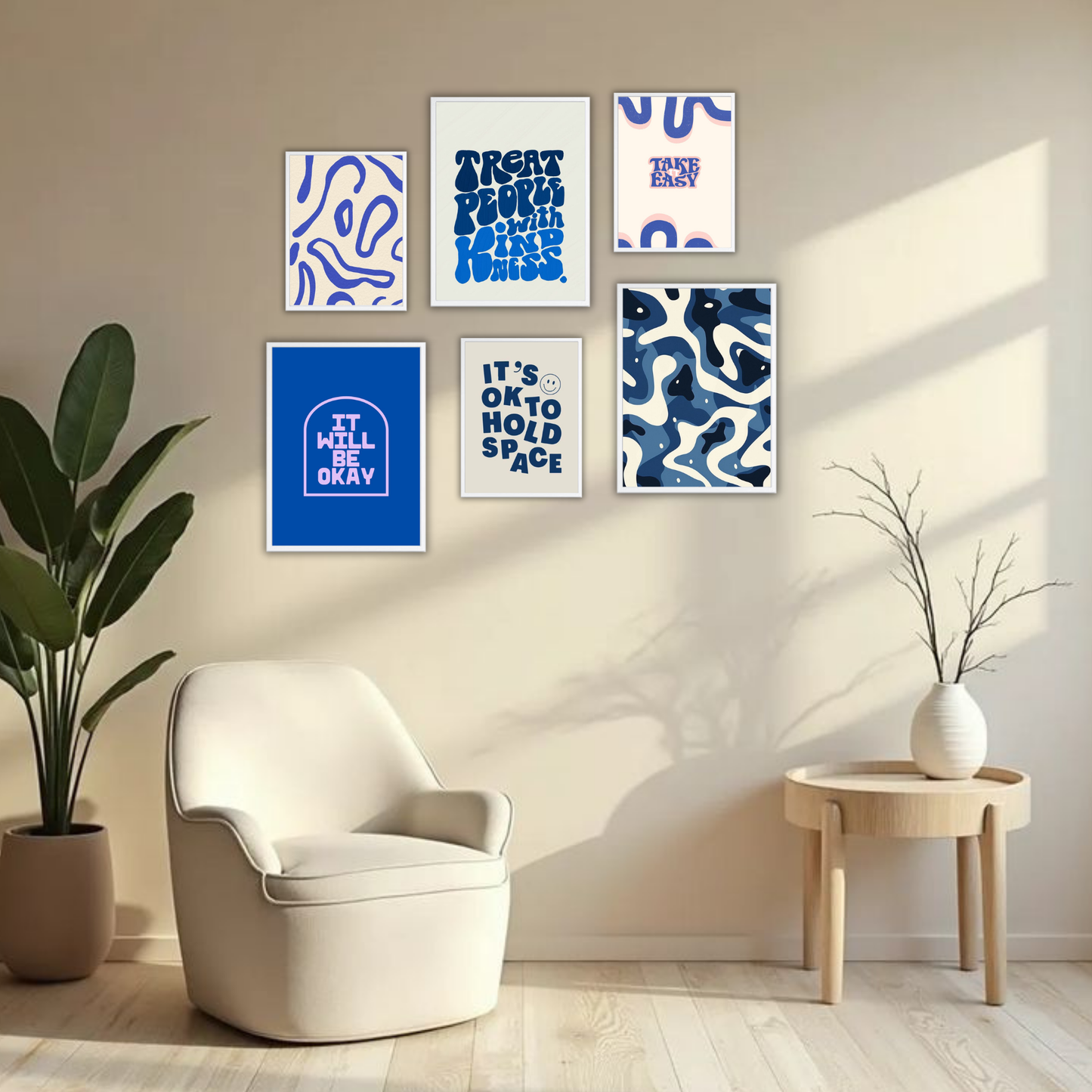 Blue Aesthetic Wall Frame Set – Set of 6 (3 Large 13×17" + 3 Small 9×11") | Kindness & Positivity Art Prints for Bedroom & Living Room