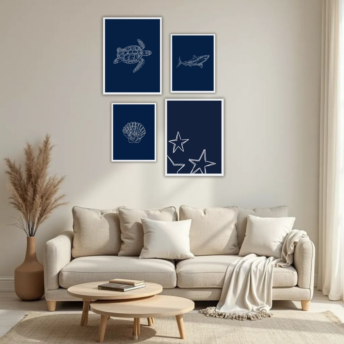 Navy Blue Ocean Line Art Wall Frame Set – Set of 4 (2 Large 13×17" + 2 Medium 9×11") | Turtle Shark Seashell Starfish Coastal Art Prints | Beige, Black & White Frame