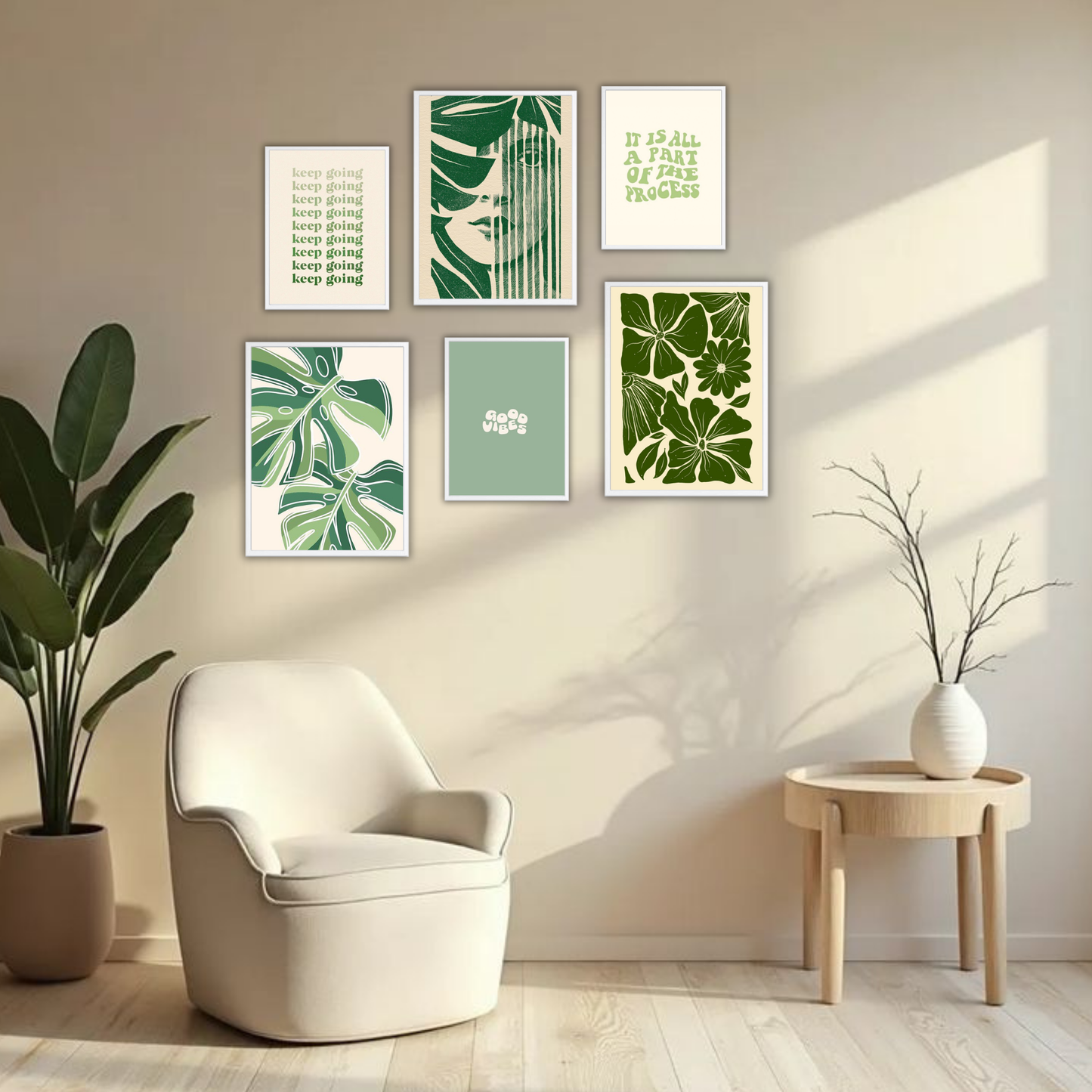 Dark Green Botanical Wall Frame Set – Set of 6 (3 Large 13×17" + 3 Small 9×11") | Keep Going & Good Vibes Nature Art Prints for Bedroom & Living Room