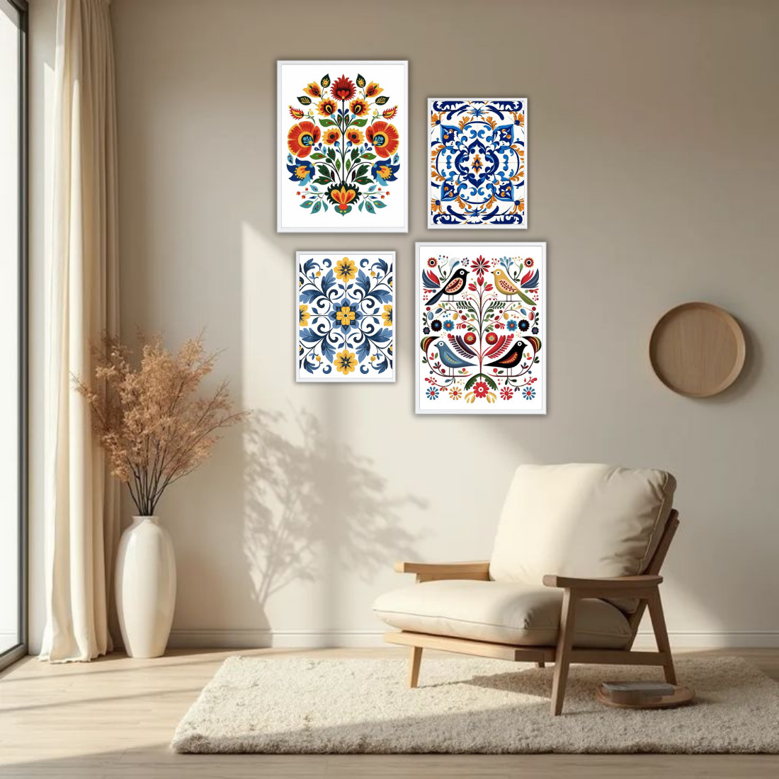 Folk Art Floral Tile Wall Frame Set – Set of 4 (2 Large 13×17" + 2 Medium 9×11") | Colourful Ethnic Botanical Prints | Beige, Black & White Frame