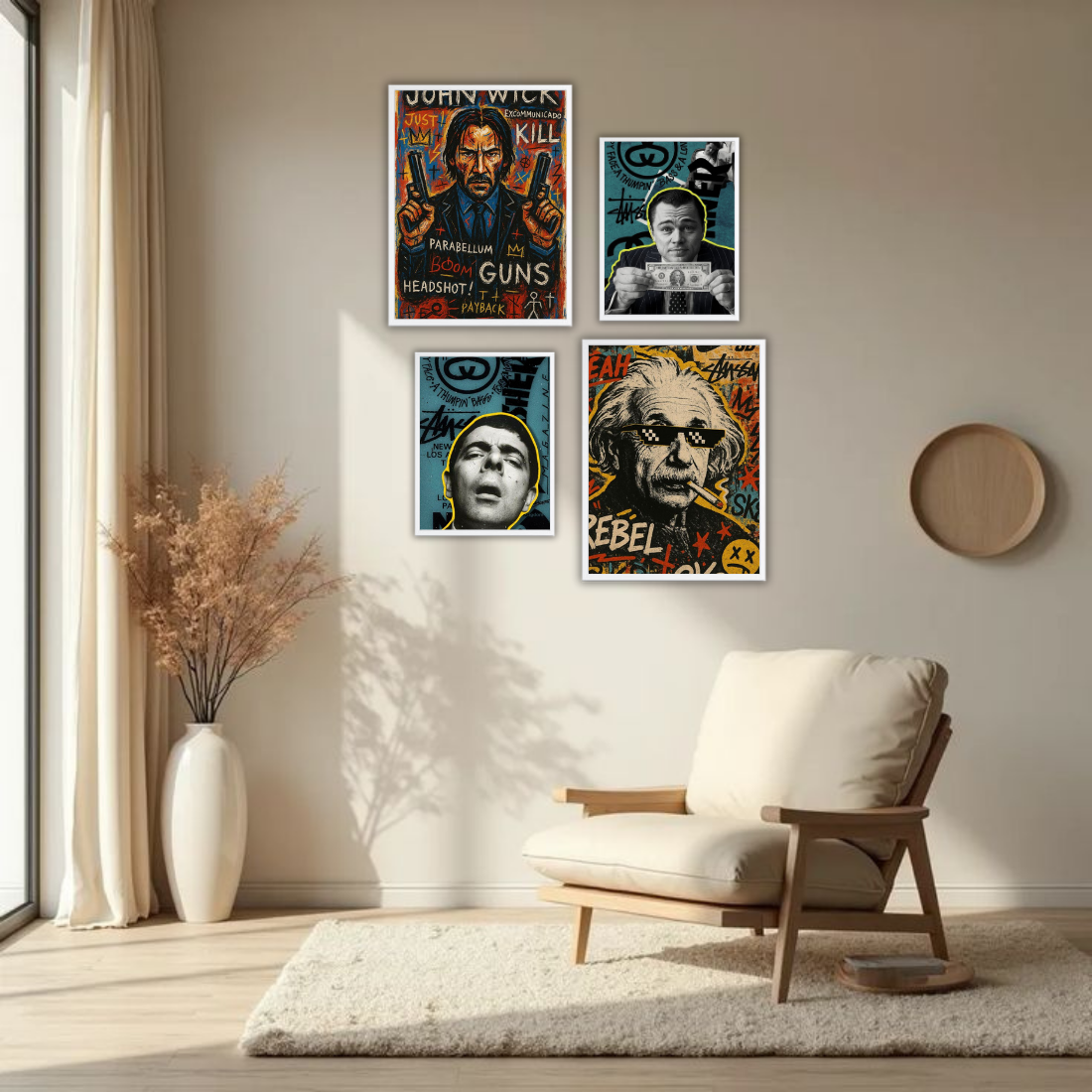 Pop Art Graffiti Icons Wall Frame Set – Set of 4 (2 Large 13×17" + 2 Medium 9×11") | John Wick Einstein DiCaprio Scarface Street Art Prints | Beige, Black & White Frame