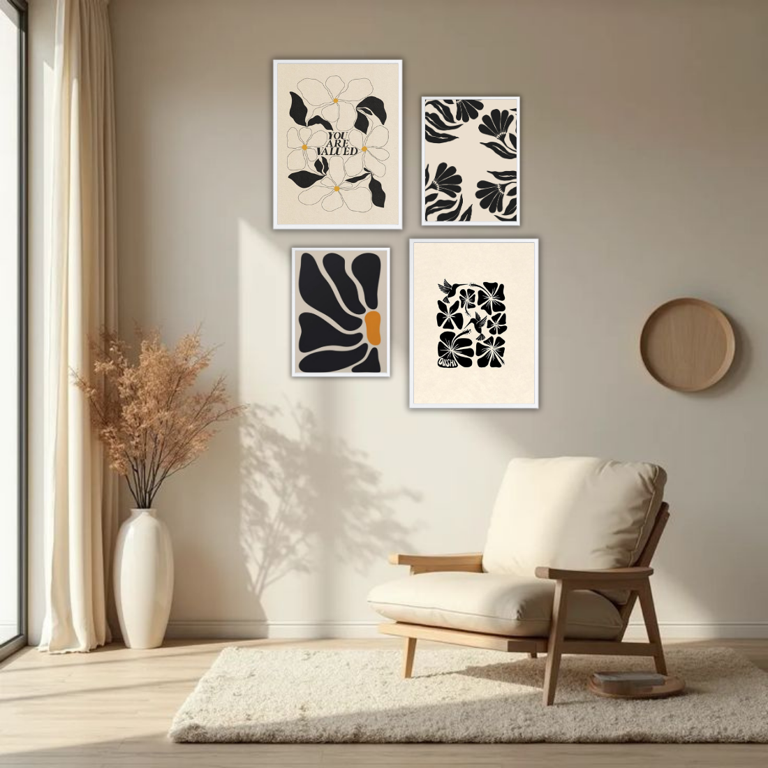Matisse Black Cream Botanical Wall Frame Set – Set of 4 (2 Large 13×17" + 2 Medium 9×11") | You Are Valued Abstract Floral Art Prints | Beige, Black & White Frame