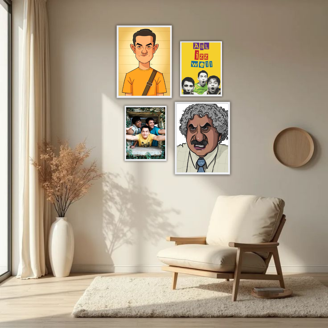 3 Idiots Bollywood Wall Frame Set – Set of 4 (2 Large 13×17" + 2 Medium 9×11") | Aal Izz Well Fan Art Prints for Bedroom, Living Room & Cafe | Beige, Black & White Frame
